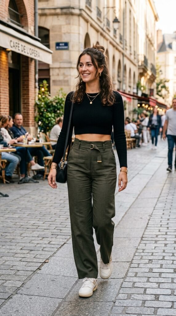 Stylish cropped top paired with high-waist pants for a modern summer party look.