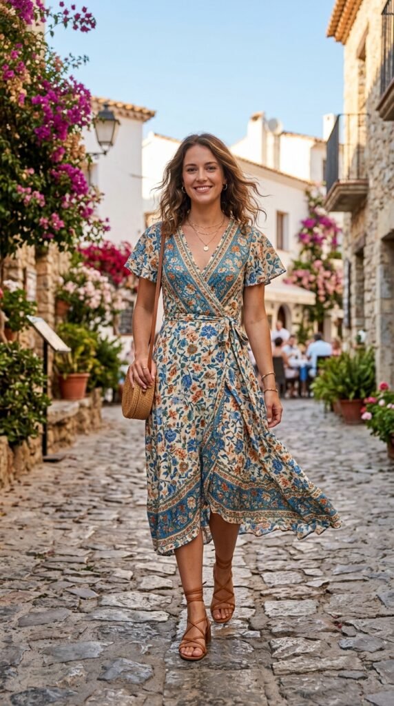 Woman wearing a flowy wrap dress with strappy sandals, perfect for a chic summer house party.