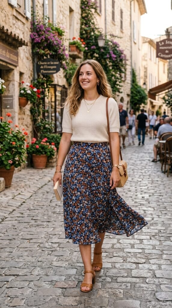 Soft knit top and flowy midi skirt creating an effortlessly elegant summer style.