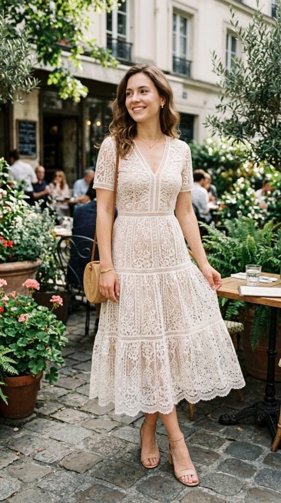 Graceful lace midi dress with simple accessories for an elegant summer celebration.