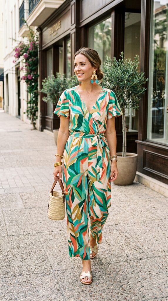 Printed jumpsuit styled with statement earrings for a fashionable summer party look.