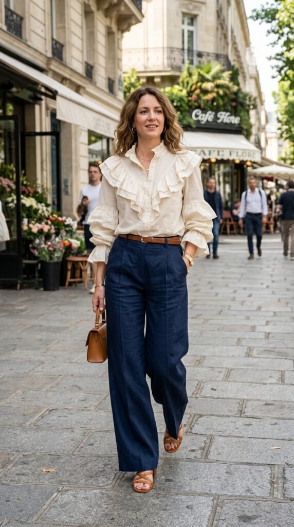 Ruffled blouse and wide-leg pants offering an elegant yet comfortable summer outfit.