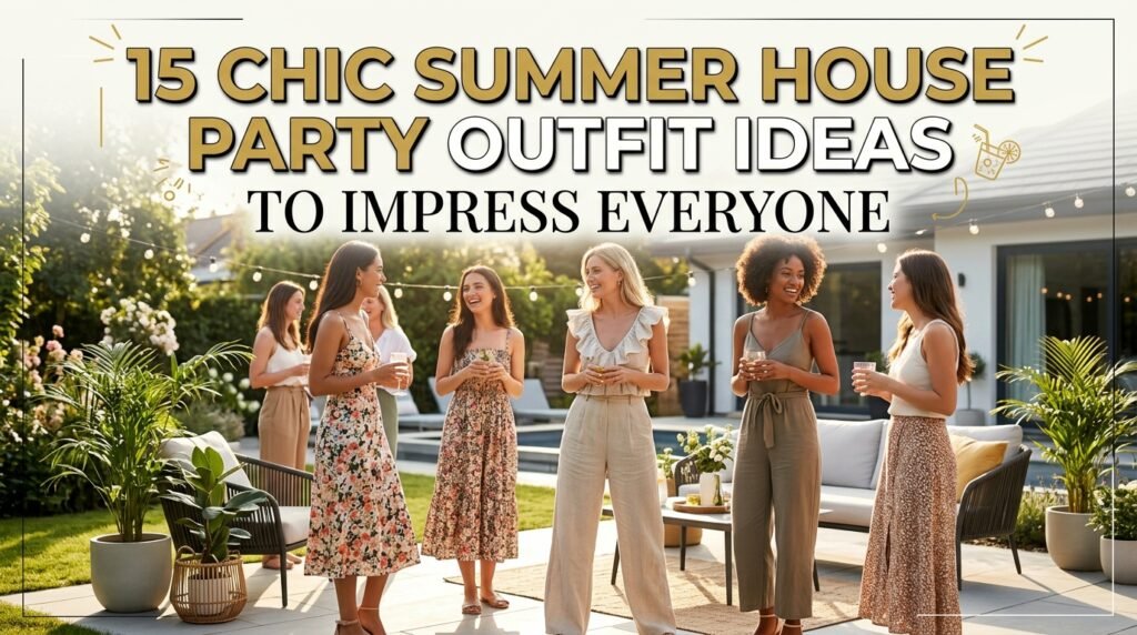 Women wearing chic summer house party outfits while socializing in a modern backyard, featuring elegant dresses, jumpsuits, and stylish casual looks for warm-weather gatherings.