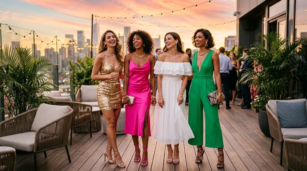 Women wearing glam summer party outfits on a rooftop terrace at sunset.
