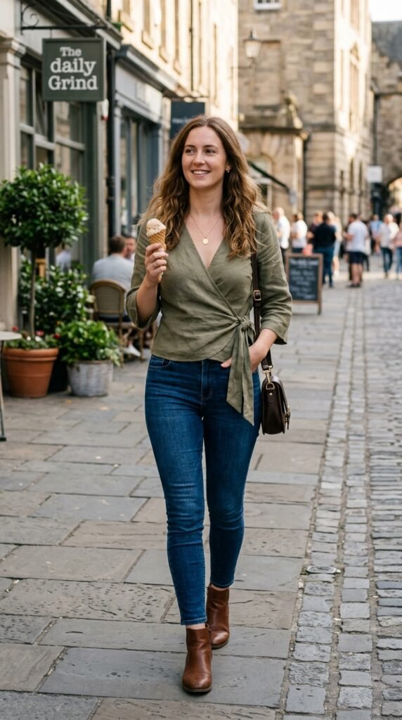 Wrap blouse styled with skinny jeans for a timeless and flattering summer party outfit.